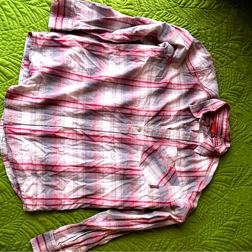 Pink and Gray Plaid Button-Up Shirt